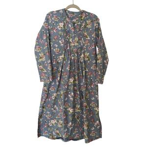 Women's Cotton Floral Nap House Dress Blue 3/4 Sleeves Pockets Cottage Boho S